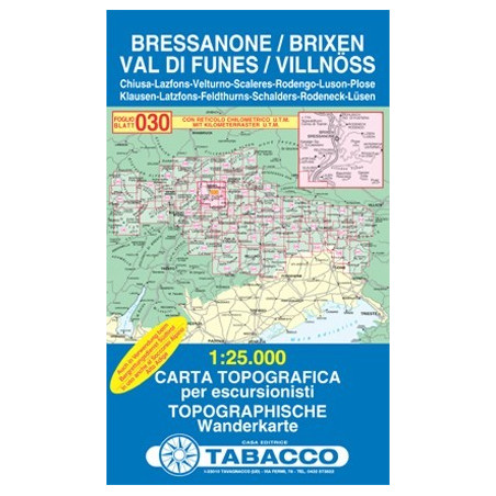 Achat Carte randonnées - Bressanone, Brixen, Val di Funes - Tabacco 030