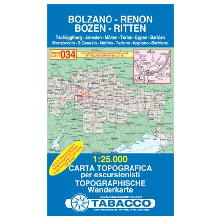 Achat Carte randonnées - Bolzano, Renon, Bozen, Ritten -Tabacco 034