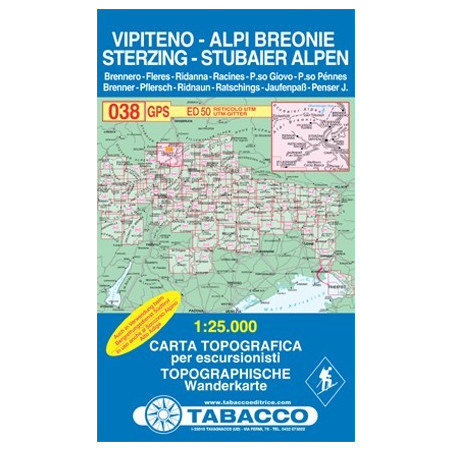 Achat Carte randonnées - Vipiteno, Alpi Breonie, Sterzing, Stubaier Alpen - Tabacco 038