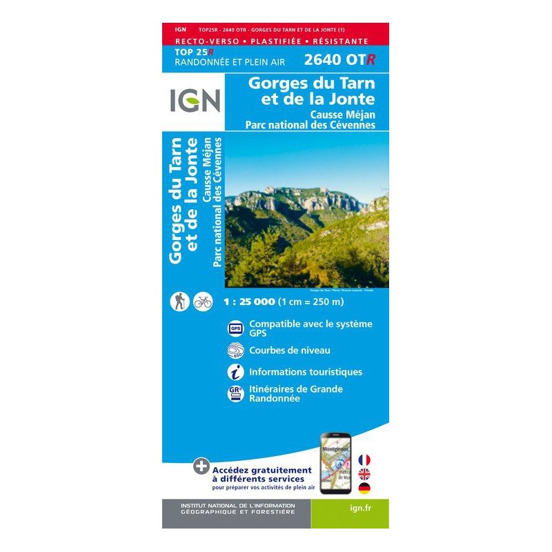 Achat carte de randonnées Gorges du Tarn et de la Jonte - Causse - Mejan PN des Cévennes - IGN 2640 OTR