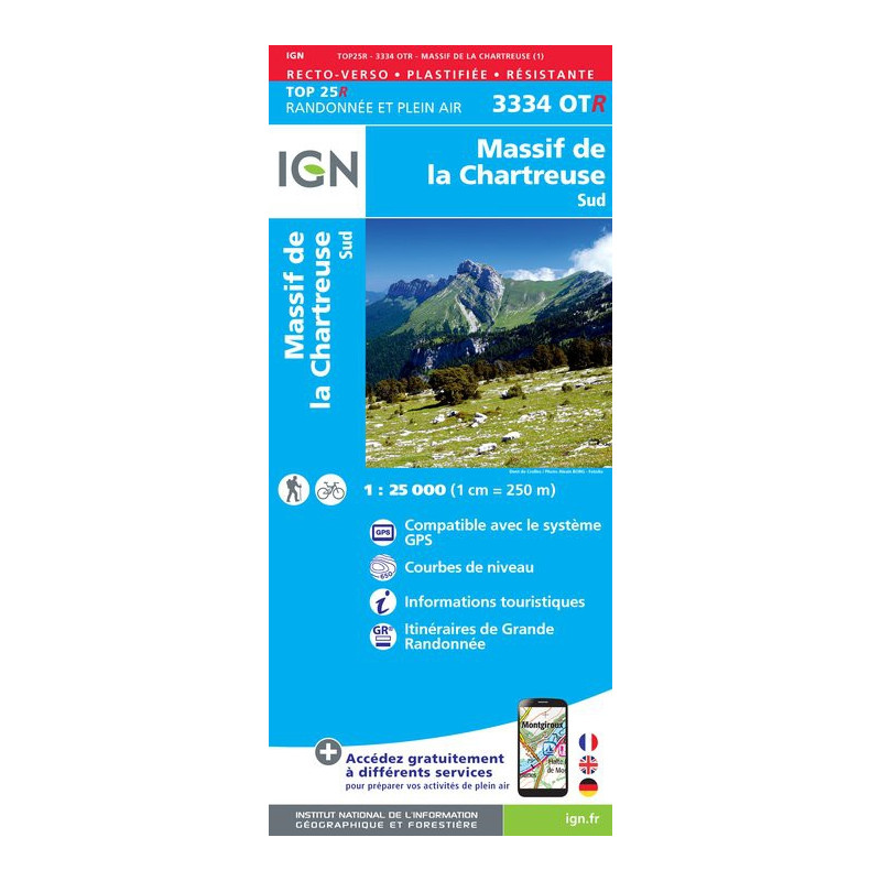 Achat carte de randonnées Massif de la Chartreuse Sud - IGN 3334 OTR - carte Résistante