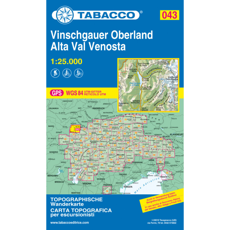 Achat Carte randonnées - Alta Val Venosta, Vinschgauer Oberland - Tabacco 043 Achat Carte randonnées - Alta Val Venosta, Vinschgauer Oberland - Tabacco 043