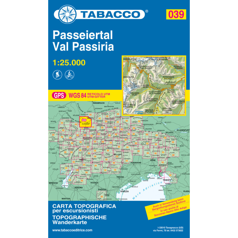 Achat Carte randonnées - Val Passiria, Passeiertal - Tabacco 039 Achat Carte randonnées - Val Passiria, Passeiertal - Tabacco 039