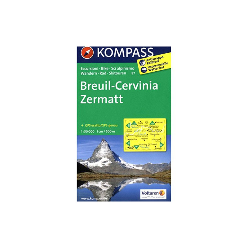 Achat Carte randonnées Breuil-Cervinia-Zermatt - Kompass 87 Achat Carte randonnées Breuil-Cervinia-Zermatt - Kompass 87