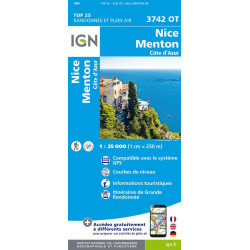 Achat Carte randonnées IGN - 3742 OT - Nice Menton - Côte dAzur