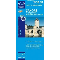 Achat Carte randonnées IGN - 2138 OT - Cahors - St Cirq Lapopie Vallée du Lot et du Célé
